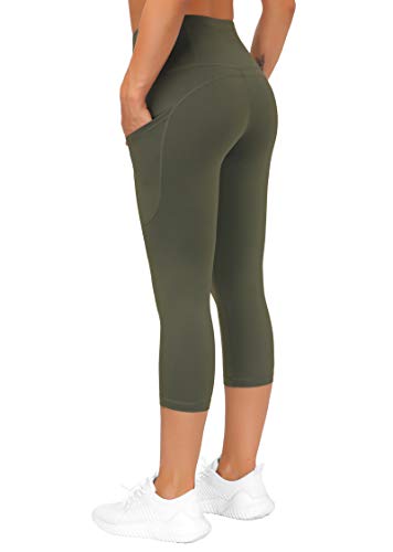 Image of THE GYM PEOPLE Thick High Waist Capris Yoga Pants with Pockets, Tummy Control Workout Running Yoga Leggings for Women