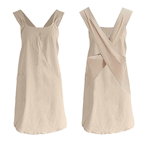 LIZHOUMIL Women Apron Cotton Linen Kitchen Apron with Pockets Slip Off Cross-shoulder Straps Cooking Aprons for Women Japanese Style Pinafore for Home Kitchen Cooking Baking BBQ Gardening Khaki