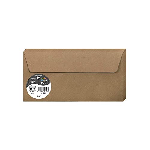 Clairefontaine Enveloppes DL Kraft 120g Auto-Adhésives Lot 20 – Format standard 11 x 22 cm, Papier Lisse, Invitation Mariage, Faire-Part, Cartes et Correspondance – Pollen – Référence 29005C