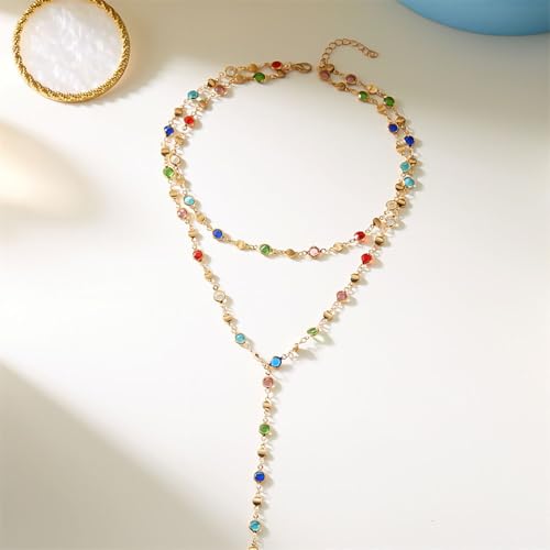 Colorful Crystal Long Necklace for Women Dainty Boho Y-Shaped Color Bead Necklaces Sparkly Rhinestone Pendant Layered Gold Long Chain Choker Good Luck Trend Jewelry Gift Jewelry4