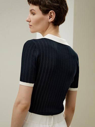 LilySilk 100% Spun Silk Pullover for Women Machine Washable V-Neck Ribbed Silk Knit Polo Top Tee Stretchable Slim3
