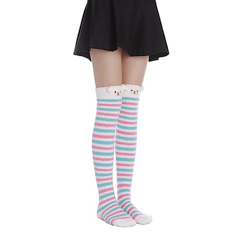 Image of Thigh High Fuzzy Socks Cute Animal Coral Fleece Over the Knee Thigh High Long Stockings Warm Stripe