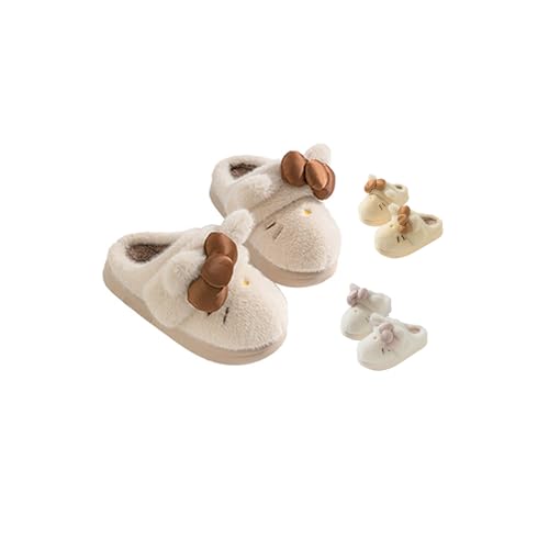 Women's Cute Cartoon Embroidery Bow Decor Plush Slippers,Adorable Fuzzy Cozy Cat Plush Slipper with Dual-Wear Ways