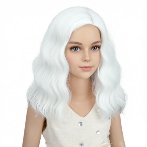 Image of PATTNIUM Kids White Wig Short Wavy Wig Child White Bob Wigs for Girls Heat Resistant SyntheticHair Cosplay Halloween Party Costume Wigs