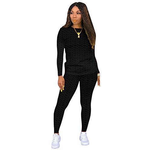 Women's 2 Piece Jogging Outfits Sets for Women Sexy Bodycon Tracksuit Long Sleeve Crewneck Solid Sweatshirt and Pants Set Black M