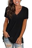 Sipaya T Shirts for Women Summer Deep V Neck Tshirts Cute Solid Color Short Sleeve Tunic Essentials Beach Vacation Clothes Black L