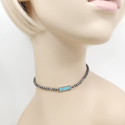 Turquoise Stone Silvertone Pendant Faux Navajo Pearl Choker Necklace 12 Inch (Rectangle Bar) #TOP3