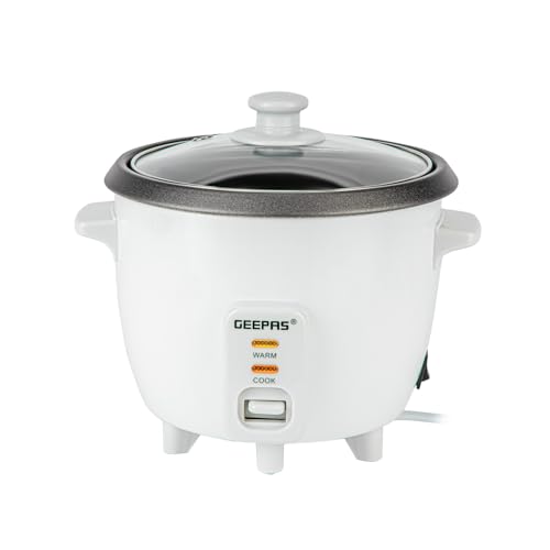 Geepas Rice Cooker, 0.6L | Electric Rice Cooker with Keep Warm Function, Automatic Cooking, Non-Stick Inner Pot | Includes Measuring Cup, Spatula & Glass Lid | 300W, 2 Year Warranty