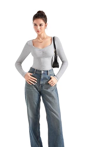 Image of SUUKSESS Women Sweetheart V Neck Long Sleeve Tops Lace Trim Ribbed Modal Fall Going Out Shirts