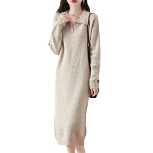 Niiyyjj Women Turn Down Collar V Neck Dresses 100% Merino Wool Knitted Pullover Dress Long Style Sweater
