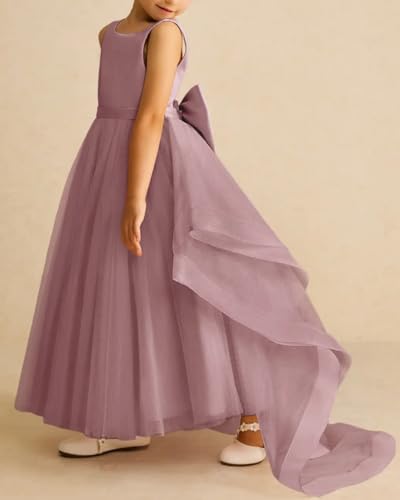 Tulle Flower Girl Dress with Bow V Backless First Communion Dress with Detachable Train Ball Gown Party Dress with Belt3