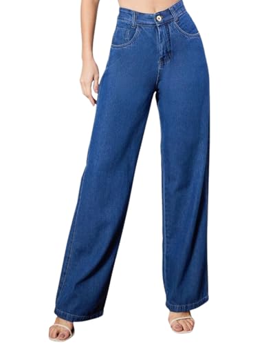Image of DEELMO Women's High Waist Wide Leg Denim Jeans for Women | Straight Fit Full Length Casual Wear Pants