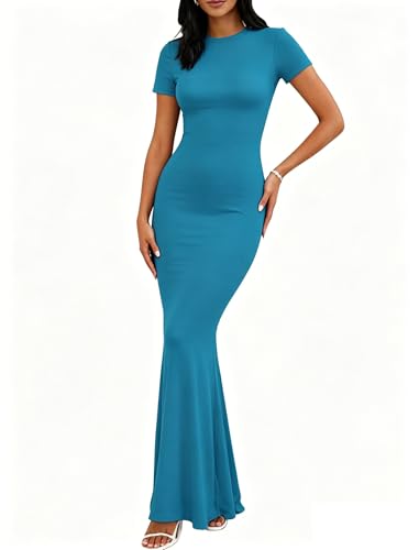 Image of Womens Summer Short Sleeve Square Neck Elegant Casual Lounge Bodycon Slim Maxi Evening Party Long Dress