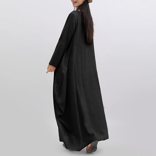 Image of Women's 2025 Spring 100% Linen Long Dress with Long Sleeve Maxi Dress Casual Loose Fitin Solid Color Pockets