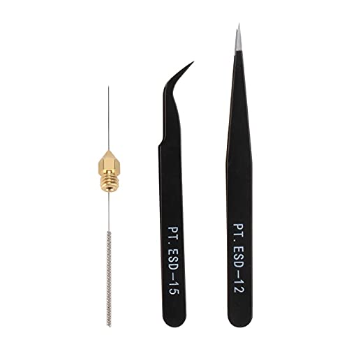 Lysee 3D Printer Parts & Accessories - Kee Pang 15pcs mk8 Nozzle 0.4mm + 10pcs Cleaning Needles 0.4mm Drill Bits +Pt. ESD-15 PT.ESD-12 Tweezers 3D Printer Parts - (Size: 21pcs per kit)