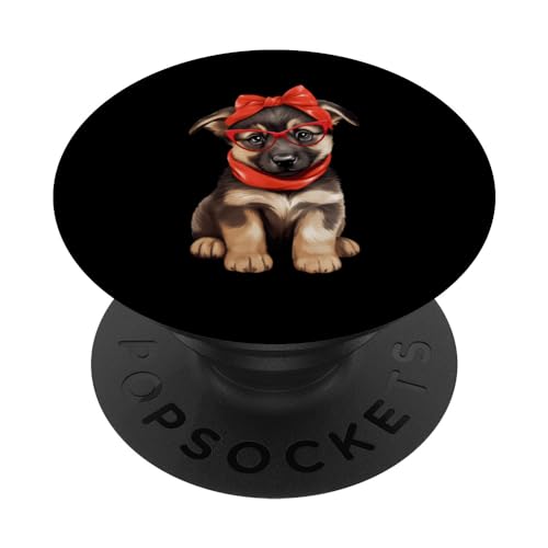 German Shepherd Wearing Red Glasses And Headband Bandana PopSockets Swappable PopGrip, Black