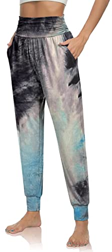 Ueu Women's High Waisted Yoga Pants Joggers Baggy Casual Fitting Workout Sweatpants Comfy Lounge Sweat Harem Pants With Pockets(Tie Dye Black Blue, Xl) #TOP1