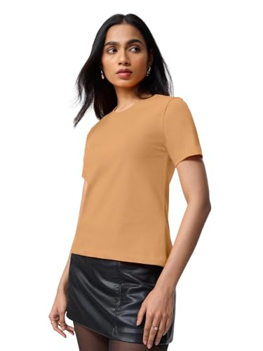 Image of The Souled Store Casual Classics: Women and Girls Short Sleeves Spread Collar Solid Cotton Regular Fit Breathable Lightweight Trendy Everyday T-Shirt