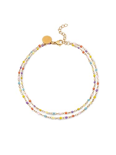 SINGULARU   Tobillera Doble Dots Colors Enamel. Acero con Acabado en Baño Oro de 18Kt y con Esmalte de Colores. Joyas para Mujer