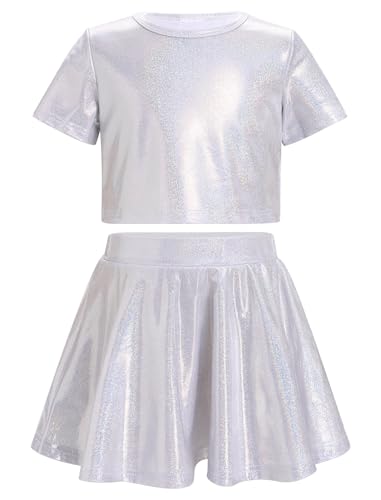 Image of Girls Metallic Sparkly Crop Top and Ruffle Mini Skirt Rave Party Jazz Dance Circus Performance Outfit