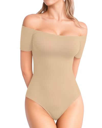 Image of MANGOPOP Off The Shoulder Short Sleeve Bodysuit for Women, Mocha, XX-Large