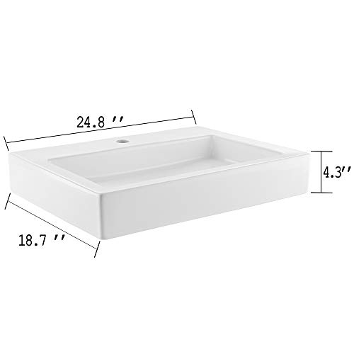 VALISY 25”x19” Inch Modern Above Counter Porcelain Ceramic White Rectangle Bathroom Vessel Sink, Vanity Lavatory Bath Countertop Art Basin Sinks with Single Faucet Hole