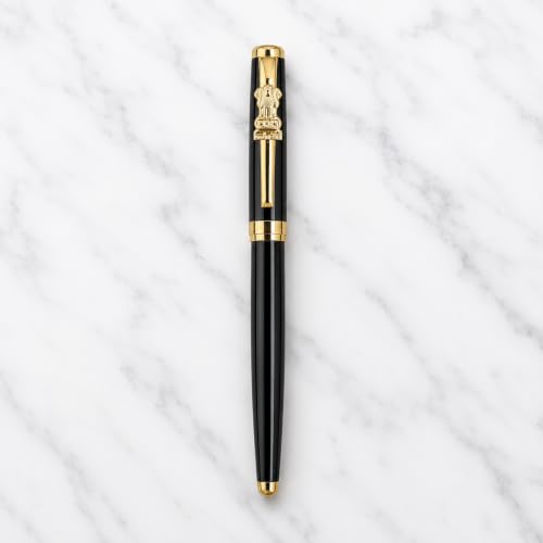 Image of Pen Paradise Metallic Glossy Black Ball Pen with Gold Ashoka Emblem Clip | Openable Cap Metal Executive | Black Ink Smooth Writing | Premium Office Signature Gift Pen | Pack of 1