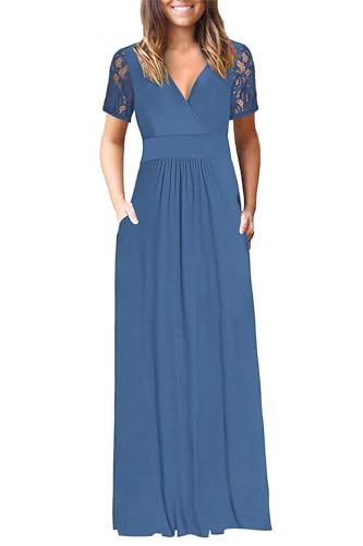 Image of AUSELILY Maxi Dresses for Women Summer Lace Short Sleeve V Neck Wrap Dress | Lace Short Sleeve, Two Pockets, V-Neck Wrap Waist Long Dress