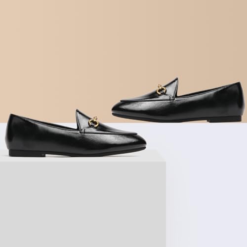Image of Women's Classic Bit Loafers - Structured Faux Leather Business Work Flats, Comfortable Slip On Dress Shoes with Gold Metal Buckle (Updated True Size)