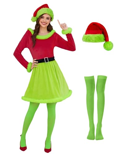 Christmas Womens Santa Dress Long Sleeve Fuzzy Trim Grinch Character Costumes Set with Accessories Red Green XXL