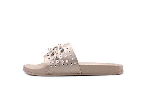 Mila Lady Womens Summer Non-Slip Pearl Slides Sandals Slipper for Indoor Outdoor Beach Casual Shoes, Sandy Nude 7