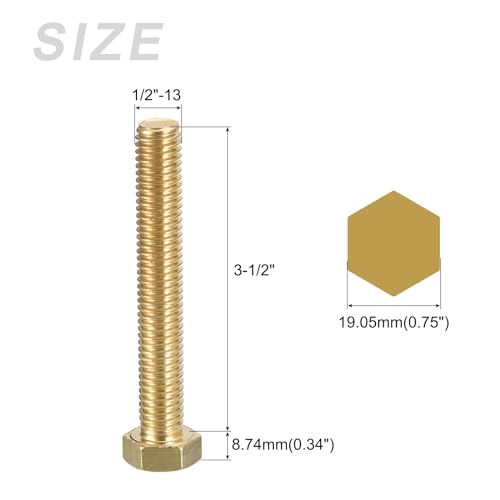 Image of METALLIXITY Hex Head Screw Bolt (1 /2-13x3-1 /2) 1Pcs, Brass Fully Threaded Solid Brass Hex Bolts Machine Screws - for Machinery Repair