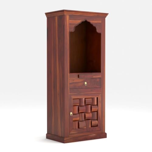 Image of Solid Sheesham Wood Temple for Home & Office /Mandir /God Stand /Pooja Stand /Home Mandap /Mandapam with Cabinet Doors & Multiple Storage /Shelf with Drawers (Honey TmN, 23x15x57 inch)