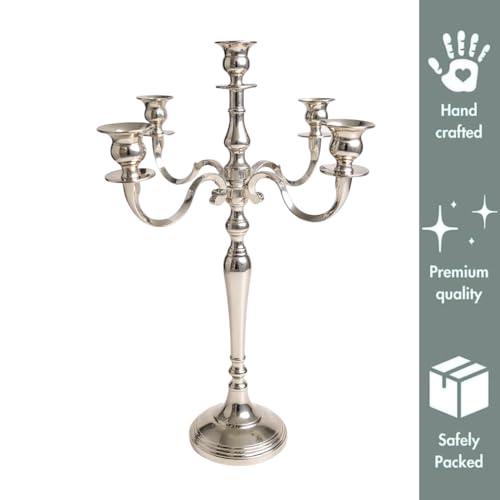 Image of Decorative Aluminum German Silver Plated Five Arm Candle Holder Stand | Candelabra | Candlesticks Holder for Home & Hall Decore (18 inch * 18 inch * 32 inch)(Size:X-Large)