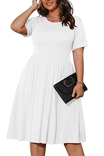 Image of POSESHE Womens Plus Size Summer Dress 2026 Casual Short Sleeve Empire Waist Loose Fit Swing T-Shirt Dress with Pockets