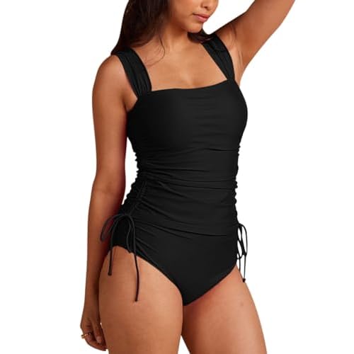 Pink Queen Women's 2 Piece Tankini Bathing Suit Tummy Control High Waisted Bikini Bottom Ruched Drawstring Swimsuit Small Black