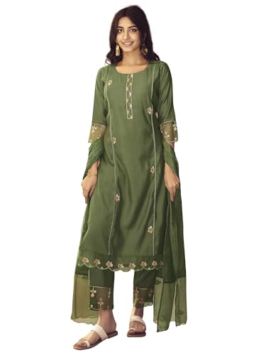 Image of INDO ERA Cotton Blend Women's Embroidered Straight kurta and pant with dupatta set