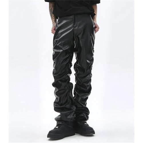 Men's Hip Hop Pleated Pu Leather Pants Harajuku Retro Streetwear Loose Fit Ruched Casual Straight Leg Trousers4