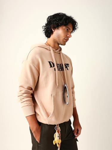 Image of THE BEAR HOUSE Men's Beige Printed Hoodie | Relaxed Fit Casual Hooded Sweatshirt with Kangaroo Pocket