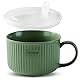 mehrido Keramik Suppenschalen mit Griff und Deckel, 750 ml Große Suppentasse für Suppe, Instant-Nudel, Müsli, Suppenbehälter, Mikrowellen- und Spülmaschinenfest (Green With Clear Lid)