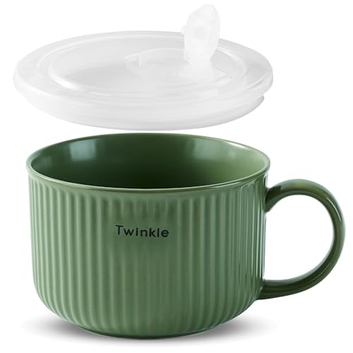mehrido Keramik Suppenschalen mit Griff und Deckel 750 ml Große Suppentasse für Suppe Instant-Nudel Müsli Suppenbehälter Mikrowellen- und Spülmaschinenfest (Green With Clear Lid)