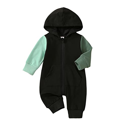 Image of BemeyourBBs Newborn Baby Boy Clothes Color Block Long Sleeve Zipper Hooded Romper with Pocket Fall Winter One Piece Outfits