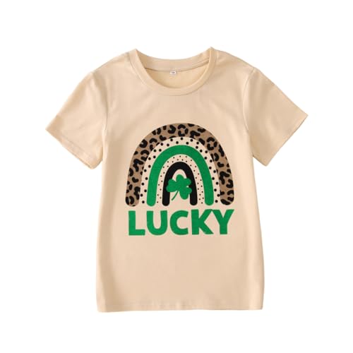 Image of MODNTOGA Kids Girl St Patricks Day Shirt Leopard Rainbow Graphic Tee Lucky Shamrock T-Shirt Green Clover Short Sleeve Tops