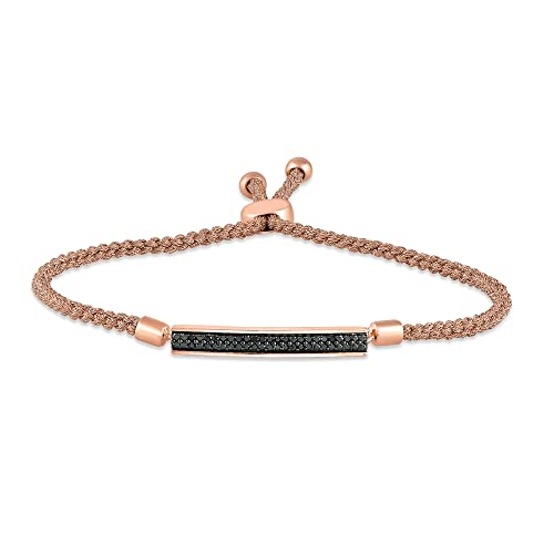 Jewelili 10K Rose Gold 1/4 Cttw Natural Black Round Diamond Bolo Bracelet, 11