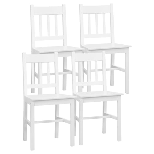 HOMCOM Juego de 4 Sillas de Comedor de Madera Maciza de Pino, Sillas de Cocina con Respaldo de Listones, Asiento Amplio, para Salón, Blanco