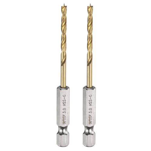 sourcing map 2pcs Brad Point Drill Bits 3mm(1/8) Dia 1/4 Hex Shank Drill Metric Brad Point 1.69 Drilling Depth Spiral Twist Drill Bits for Carpenter Woodworking Plastic Rubber, Gold
