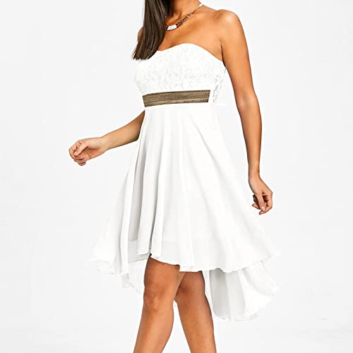 Foviguo Womens Sexy Bohemian Strapless Off Shoulder Lace Trim Dress A Line High Low Flowy Bridesmaid Dresses White, X-Large #TOP3