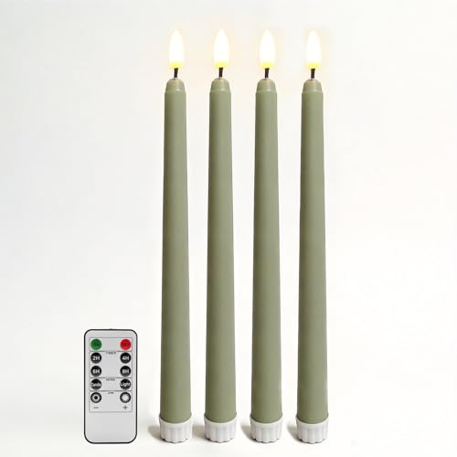 Image of Sage Green Flameless Taper Candles with Remote, Flickering Battery LED Candlesticks Home Decor Set of 4