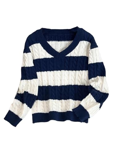 SOLY HUX Girl's Striped V Neck Sweater Casual Long Sleeve Cable Knit Pullover Tops