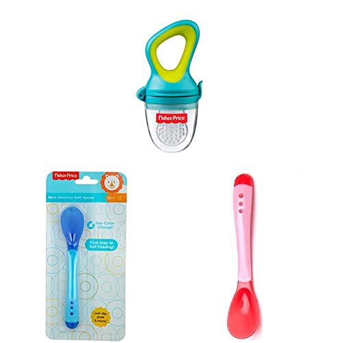Fisher-Price-Ultra-Care-Food-Nibbler-with-Extra-Mesh-Blue-Fisher-Price-Heat-Sensitive-Soft-Spoon-for-Baby-Pack-of-1-Blue-Fisher-Price-Silicone-Tip-Heat-Sensitive-Soft-Spoon-Pink